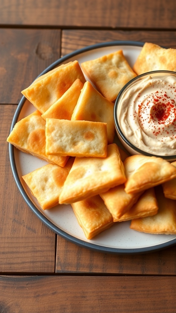 Crispy pita bread dippers served with hummus on a rustic table.